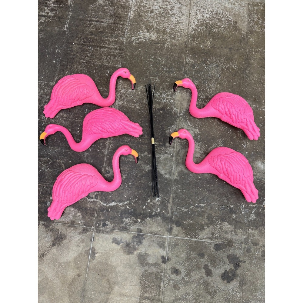 Vintage Blow Mold Pink Flamingos Yard Decor With Metal Legs Lot of 5